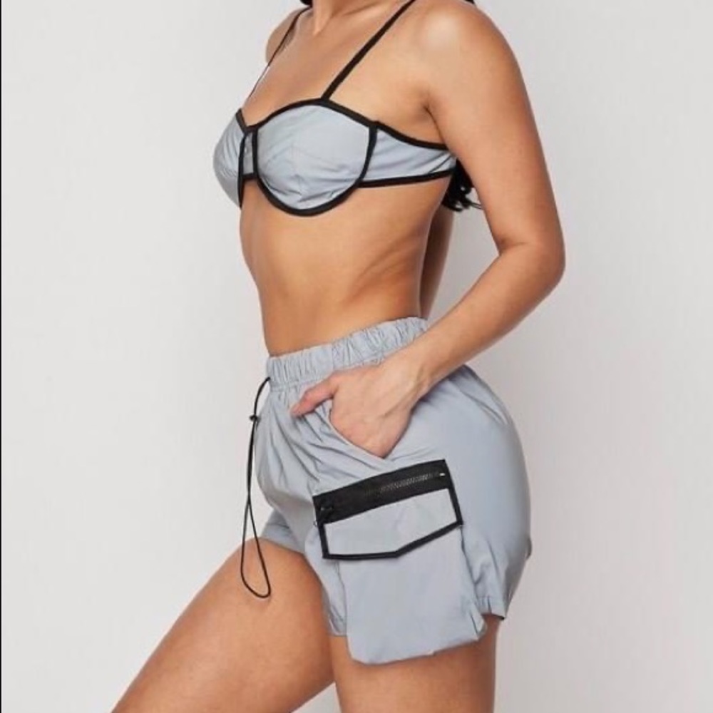 Two piece shorts set. Grey and black Two Piece Fashion track set.